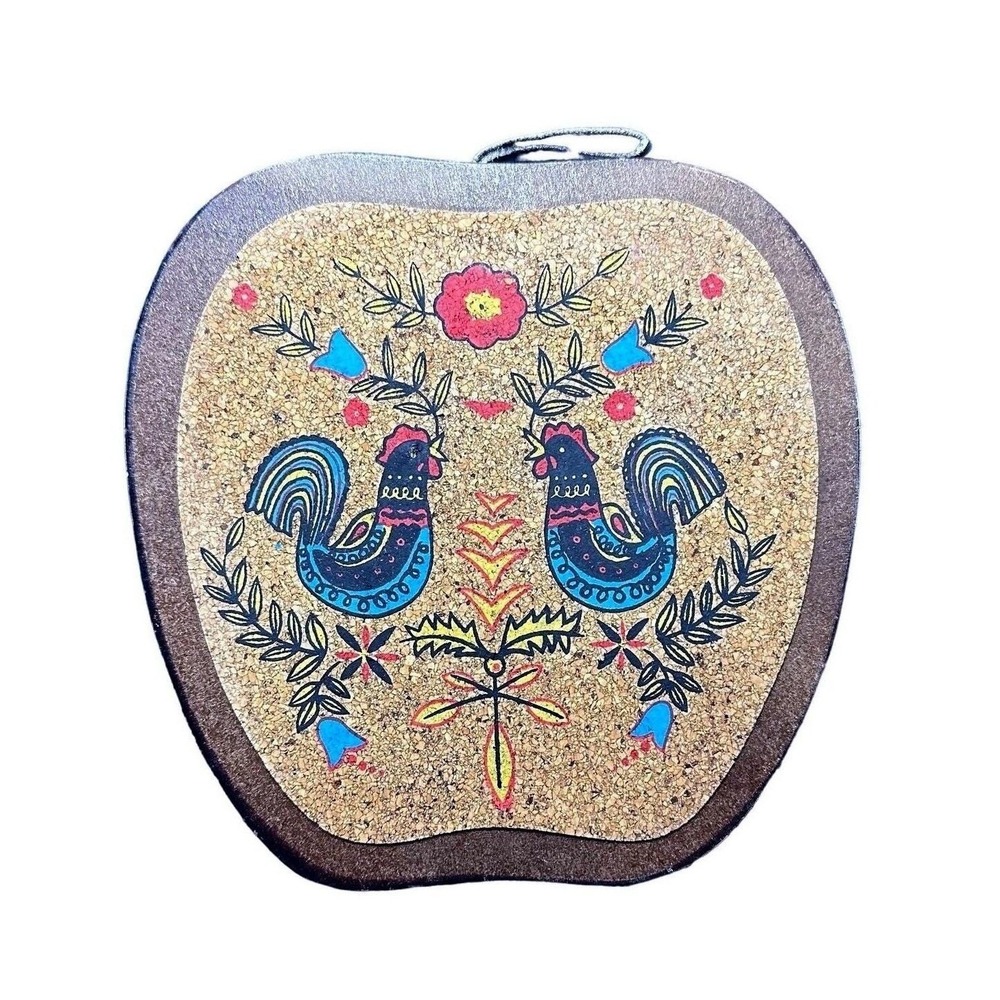 Apple‎ Shaped Trivet Rooster Floral Design Cork Wood Kitchen Decor
